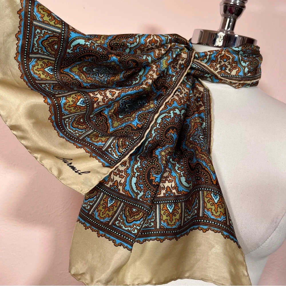 Vintage 1960 70 Burmel Mod Camel Brown blue Silk Made in Italy long Skinny Scarf
